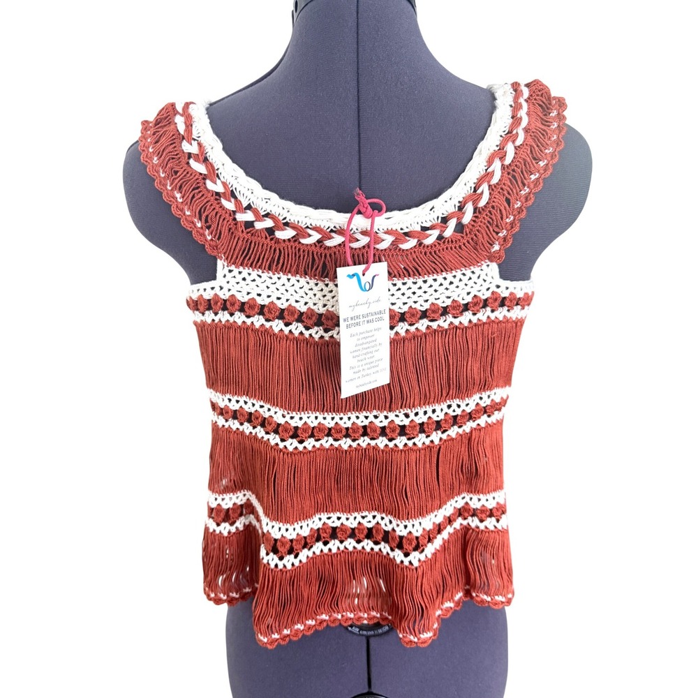 My Beachy Side Top Red Flame Rust Crochet Fringe Crop Boho Resort Small NEW - Picture 5 of 12